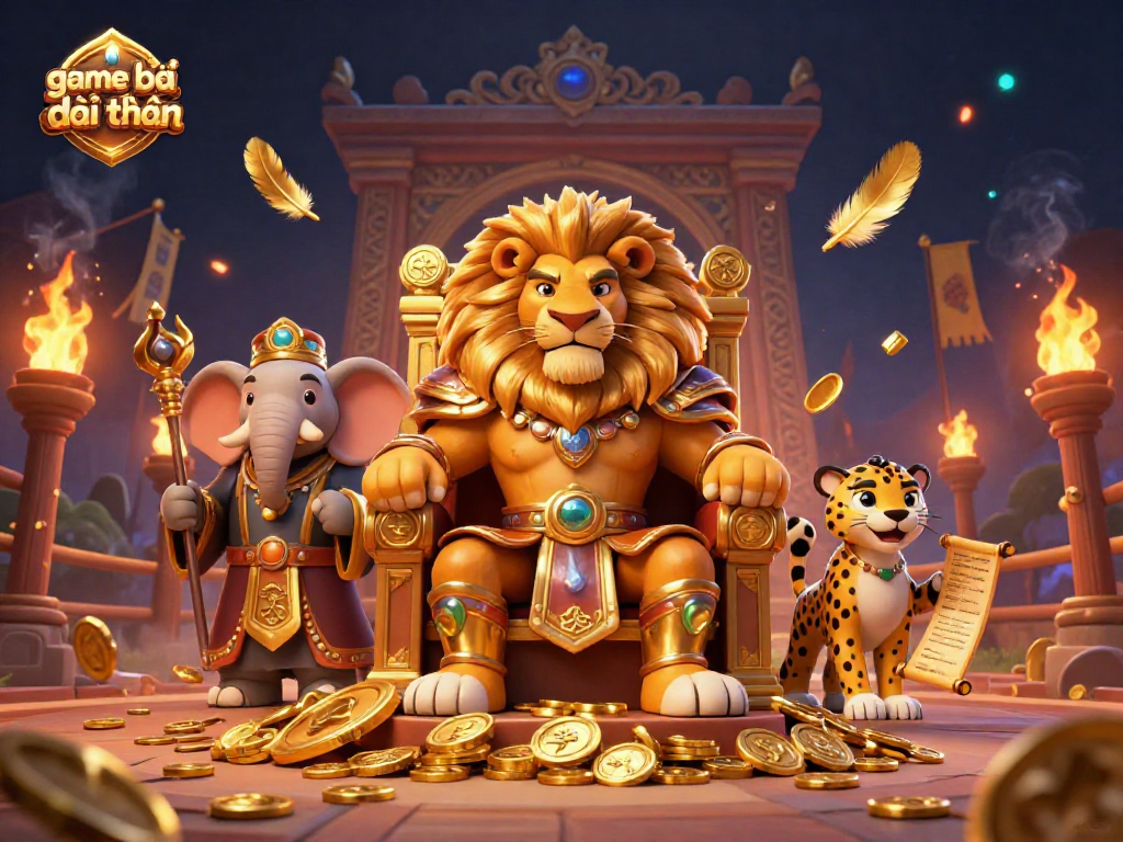Experience game bài đổi thưởng with intricate 3D elements showcasing lion king, elephant advisor, and cheetah messenger.