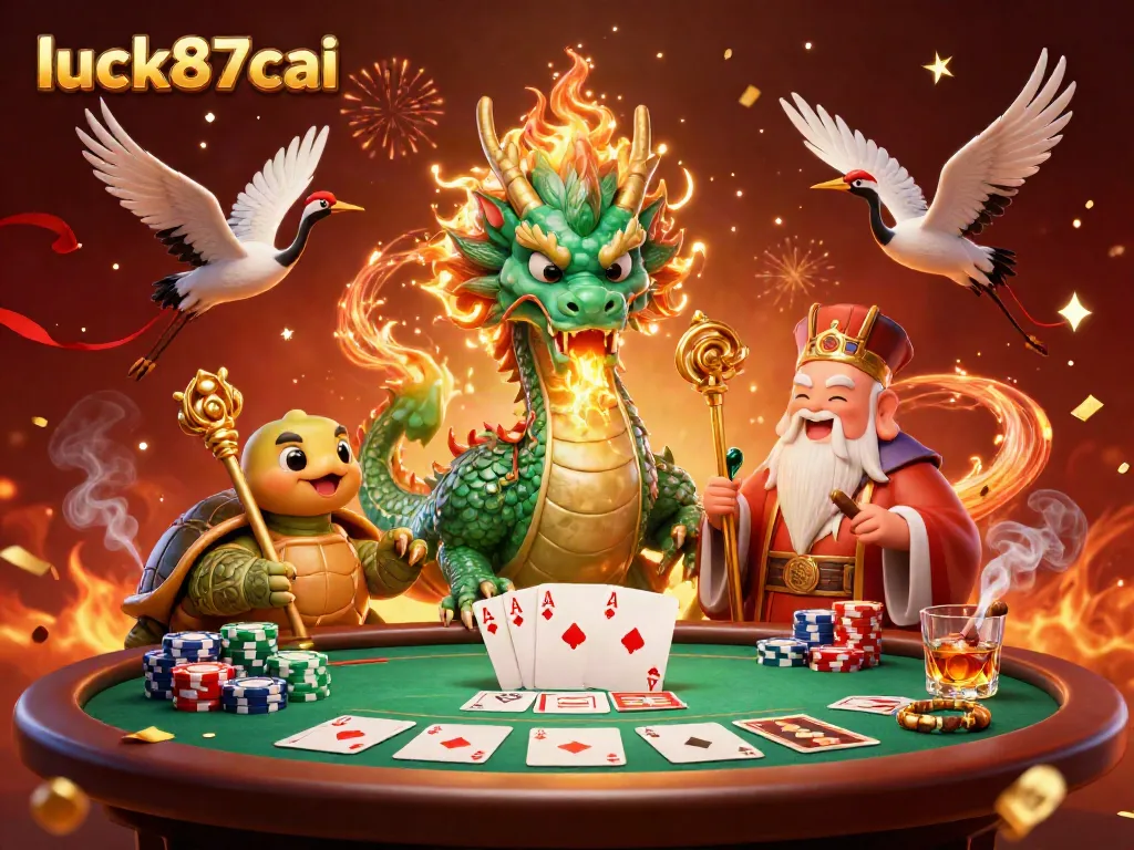 Experience thrilling poker action with luck87cai's vibrant casino scene featuring dragon, turtles, and poker elements.