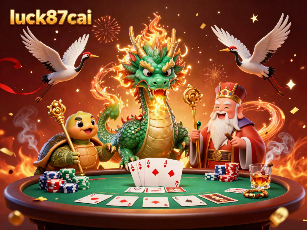 Experience thrilling poker action with luck87cai's vibrant casino scene featuring dragon, turtles, and poker elements.