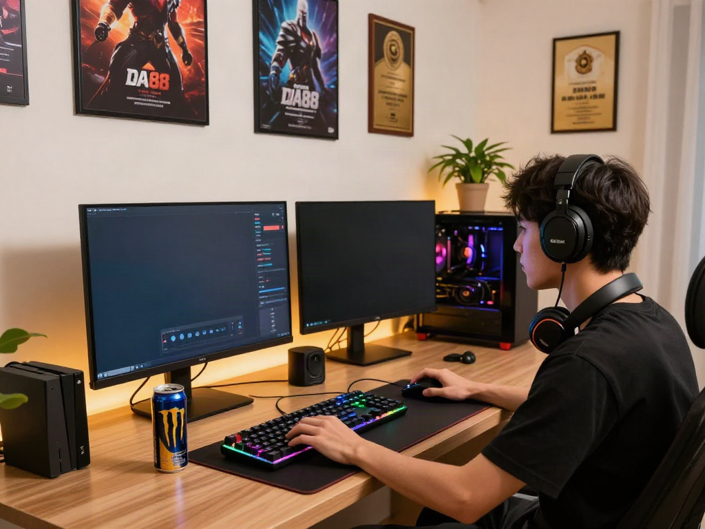 Gamer enjoying a session on DA88 platform surrounded by colorful gaming accessories.