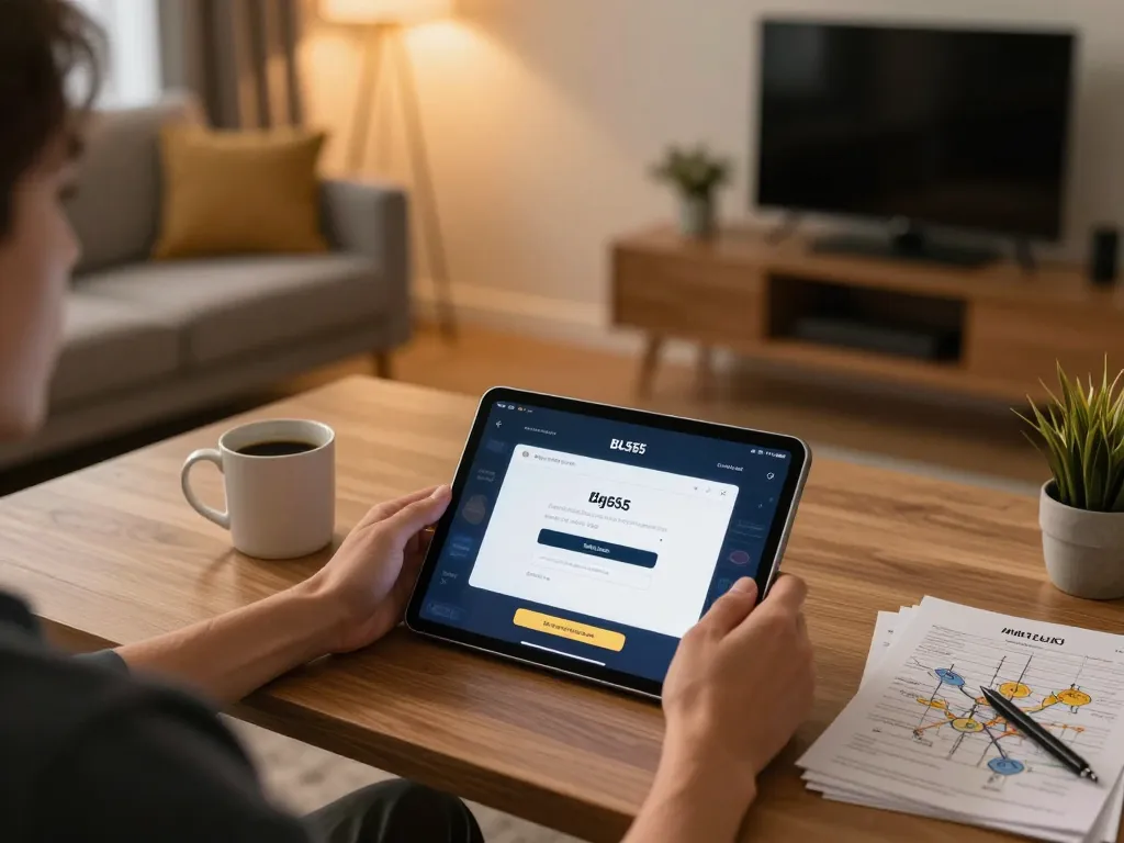 Engaging scene of player accessing bl555 đăng nhập on tablet within a cozy home gaming setup.