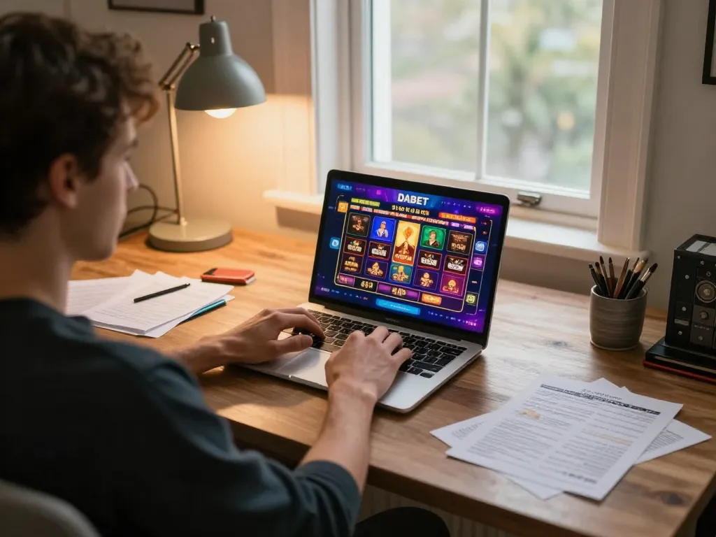 DABET online gaming setup with a user playing on a laptop, showcasing vibrant casino game interface, promoting responsible entertainment
