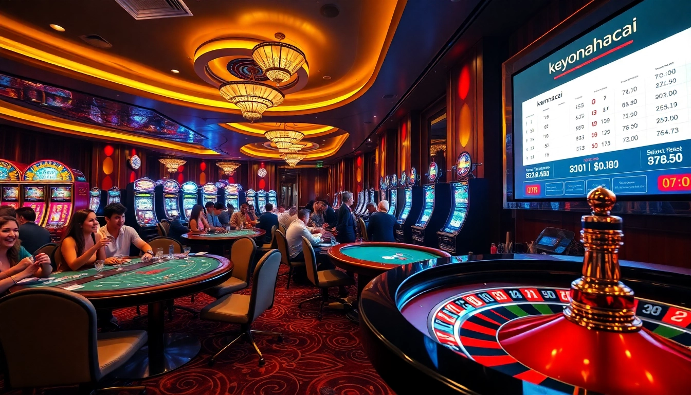A scene of excitement in a casino with players engaging in keonhacai betting at poker tables, surrounded by glowing slot machines.
