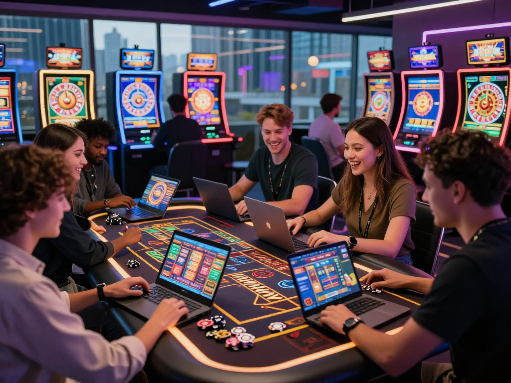 Excited players at a crypto casino, engaging with futuristic gaming screens and illuminated chips in a vibrant setting.
