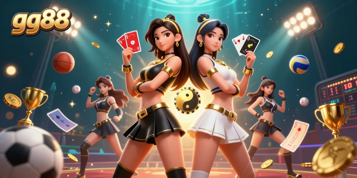 Experience thrilling action at gg88 with stunning twin Asian women showcasing unique playing cards in a rich, dynamic casino scene.