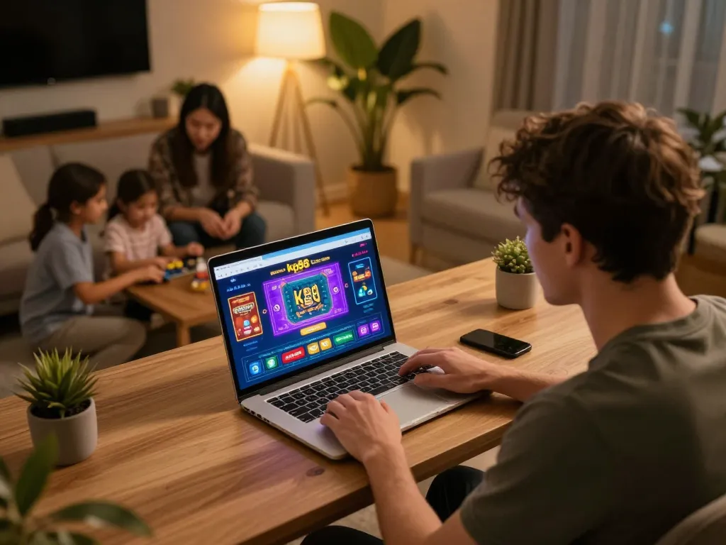 Engaging in online kp88 gaming with a laptop while strategizing in a cozy home setting