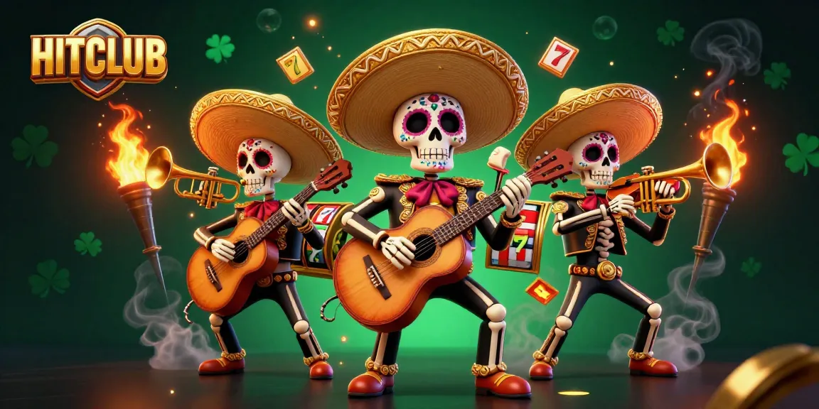 HITCLUB skeleton mariachi band celebrating with slot reels and jackpot symbols in a vibrant casino scene.