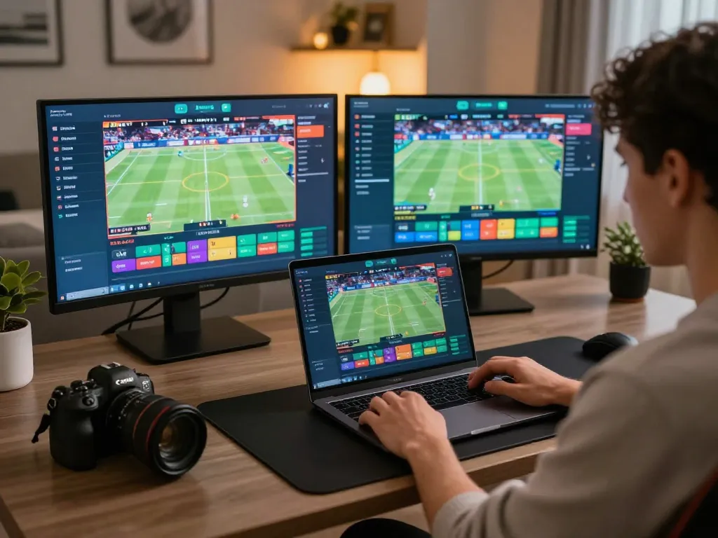 Engaging in sports betting on Bsport, featuring a lively online gambling setup with multiple screens and warm ambiance.