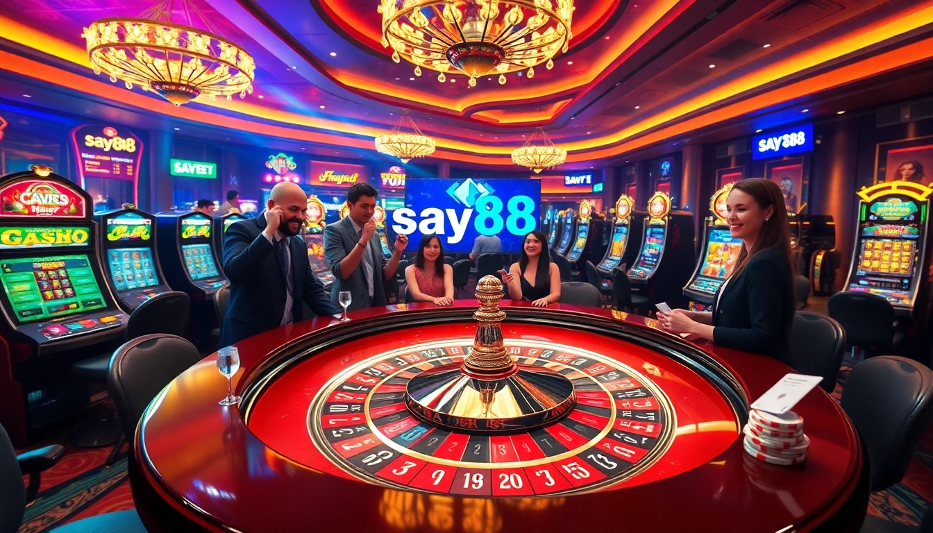Players enjoying a thrilling game at say88 casino, with vibrant roulette and slot machines.
