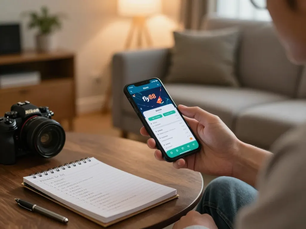 Player exploring fly88 app on mobile device in a cozy living room, focusing on betting strategies