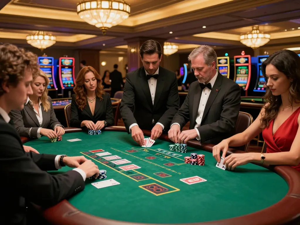 Enthusiastic gamblers experience dh88 at an upscale blackjack table, engaging in strategic gameplay