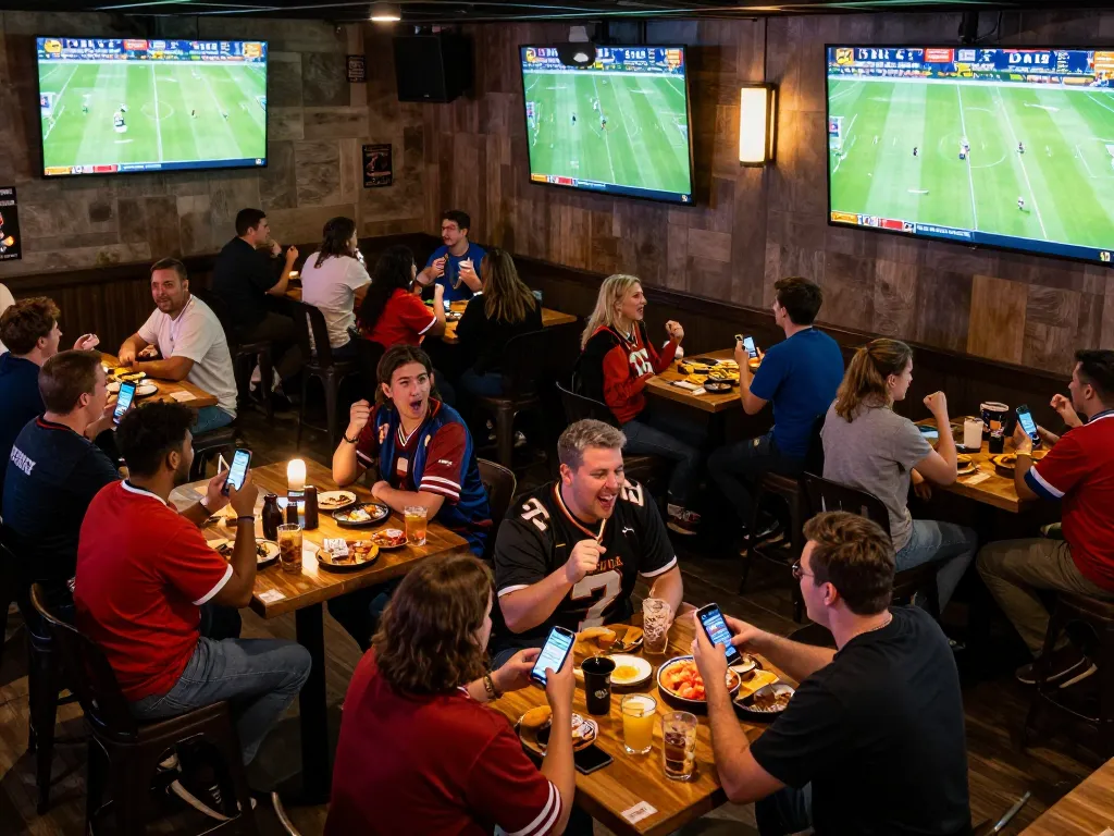 Footballl fans thrillingly place bets on live games in a dynamic sports bar setting