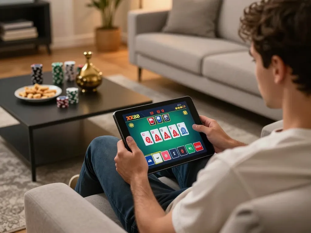 Player enjoying blackjack game on tablet at home with XX88, cozy setup enhances gaming experience
