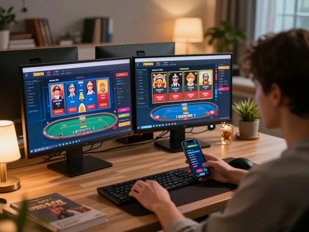 Engaging in online gaming at 789WIN, with poker and slots displayed on multiple screens.