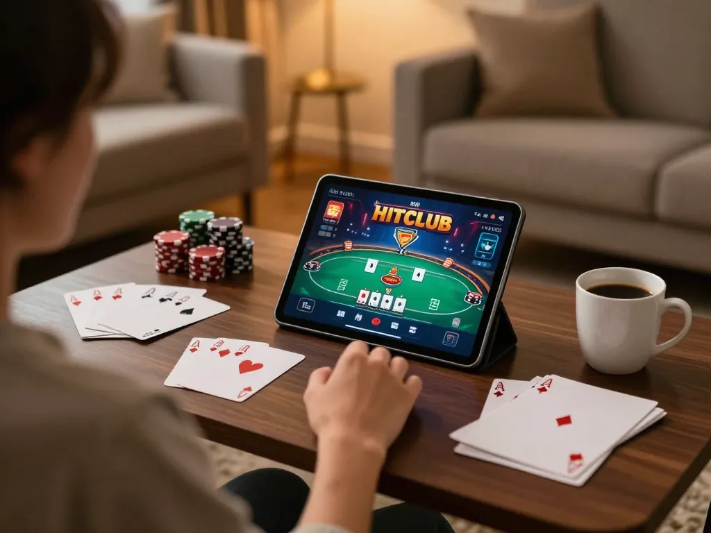Strategically playing poker on Hitclub tablet in a cozy home setup with notes.