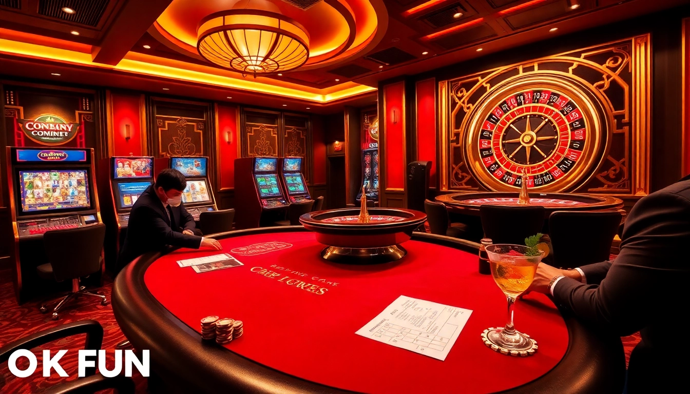 Players enjoying a thrilling poker game at OKFUN casino with vibrant slots in the background.