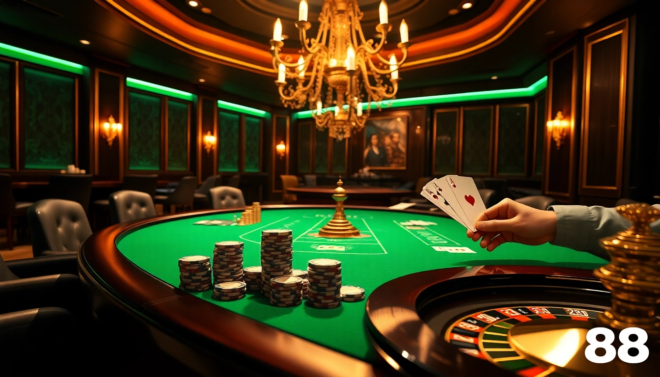 NK88 casino table showcasing vibrant chips and cards, offering thrilling gameplay experiences.