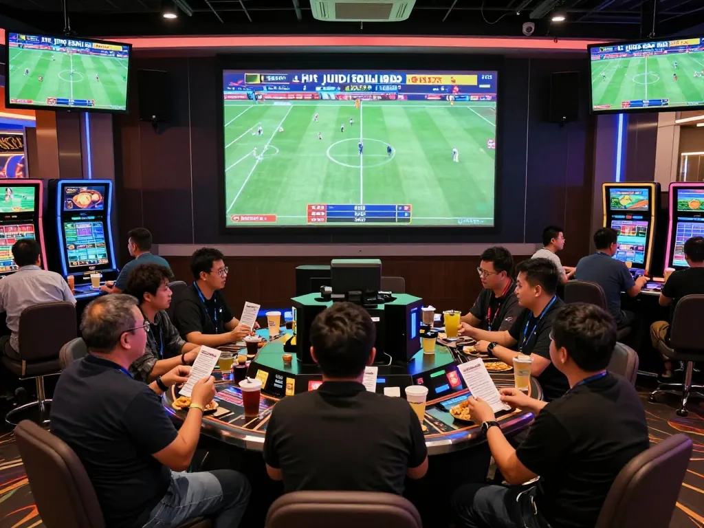 Engaged bettors discussing strategies for situs judi bola parlay in a lively sports betting environment.
