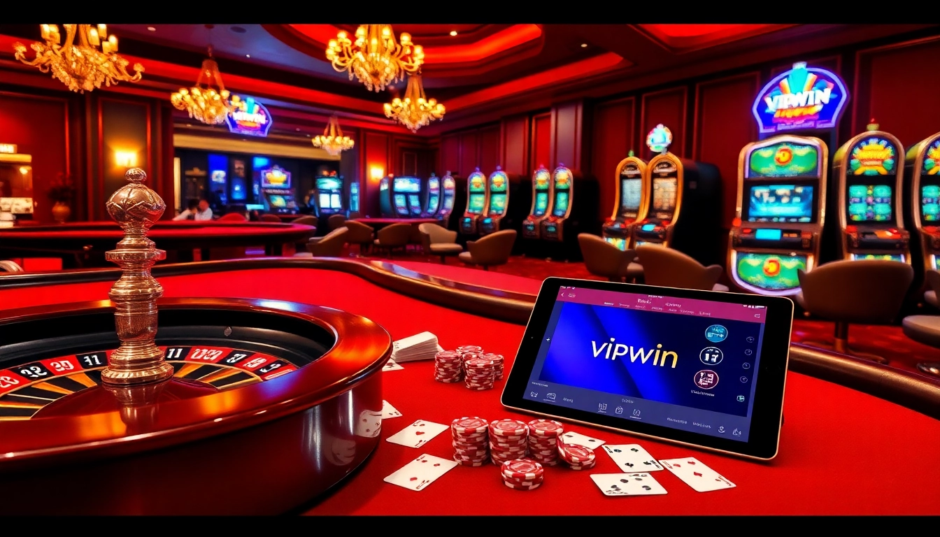 Vibrant casino scene highlighting vipwin with roulette wheel, poker table, and slot machines.