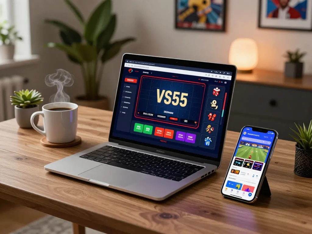 Engaging online gaming experience with VS555 interface on laptop and smartphone in cozy home office.