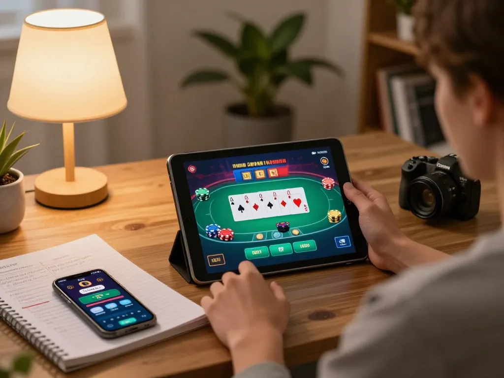 Experience online gaming with link sungaitoto in a cozy home setup featuring a tablet and strategic notes.