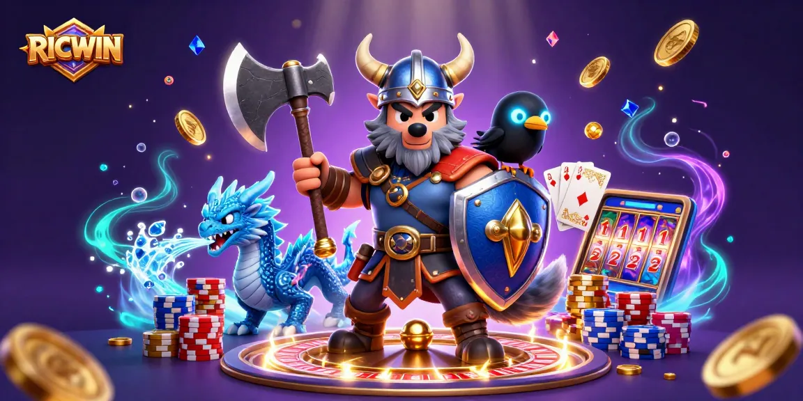 Experience thrilling wins at RICWIN with a dynamic scene featuring a Viking warrior, dragon, and casino elements.