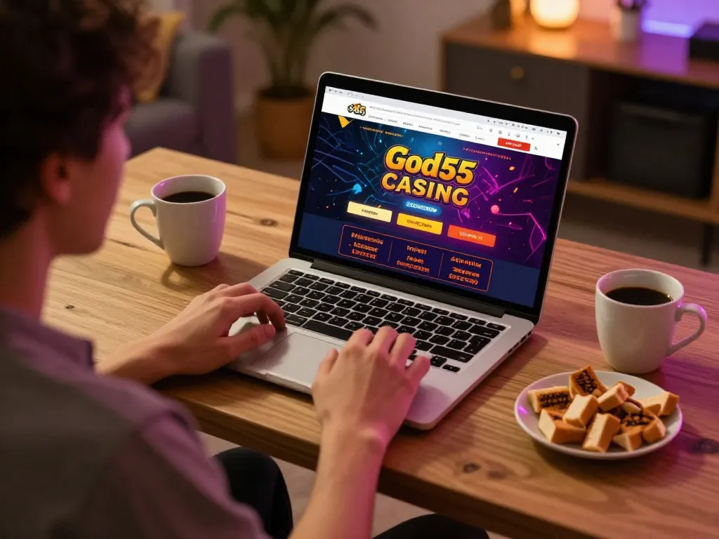 Enjoy online gaming at home with God55 casino on a laptop, showcasing responsible gambling practices