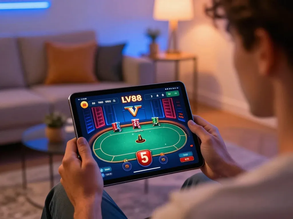 Engaging gameplay experience with LV88 casino app on a tablet in a stylish setting.