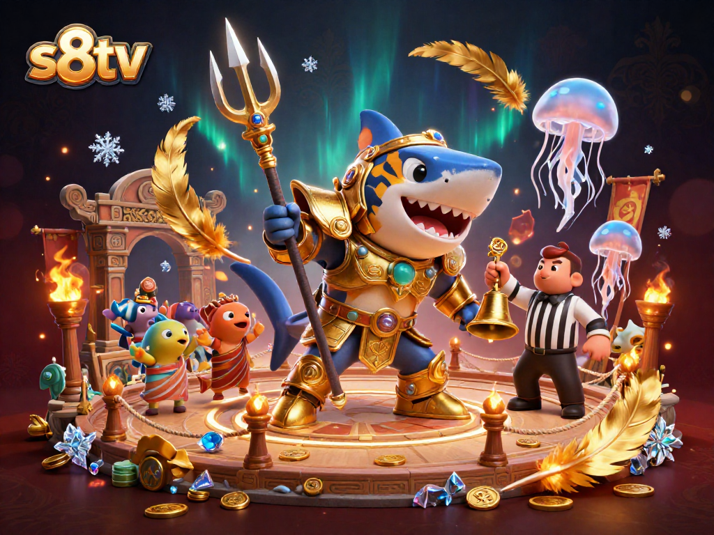 S8TV features a dynamic underwater battle scene showcasing a shark gladiator, fish crowd, and jellyfish referee.