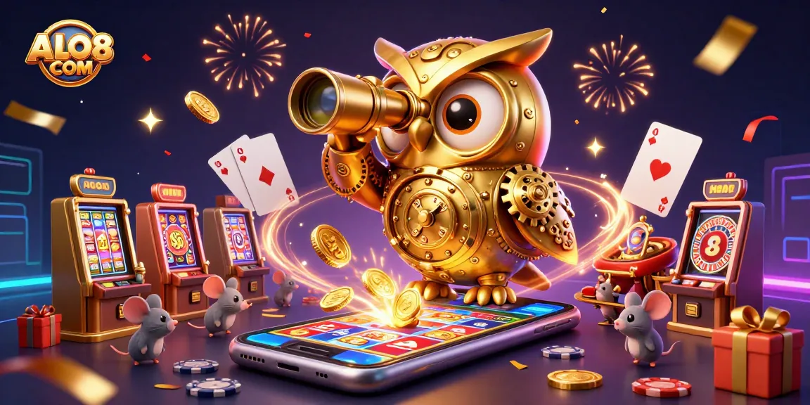 Experience exciting gaming action with ALO8 COM featuring a golden owl and casino elements.