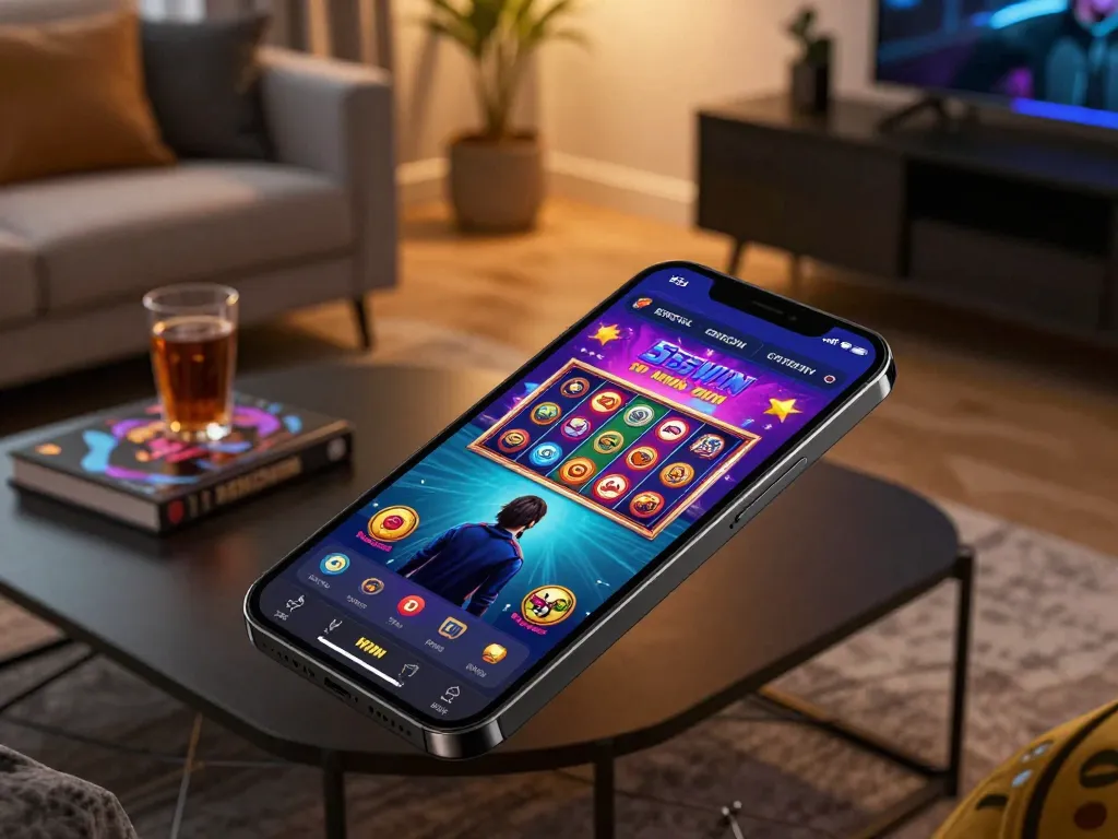 Player engaging with 555WIN app while enjoying a home gaming session, showcasing online slot game.