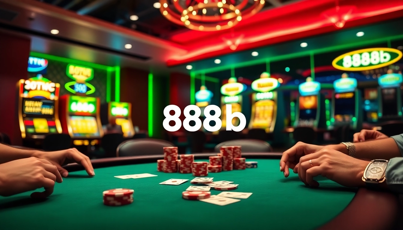 Experience thrilling gameplay at 888b's vibrant poker table surrounded by exciting slot machines.