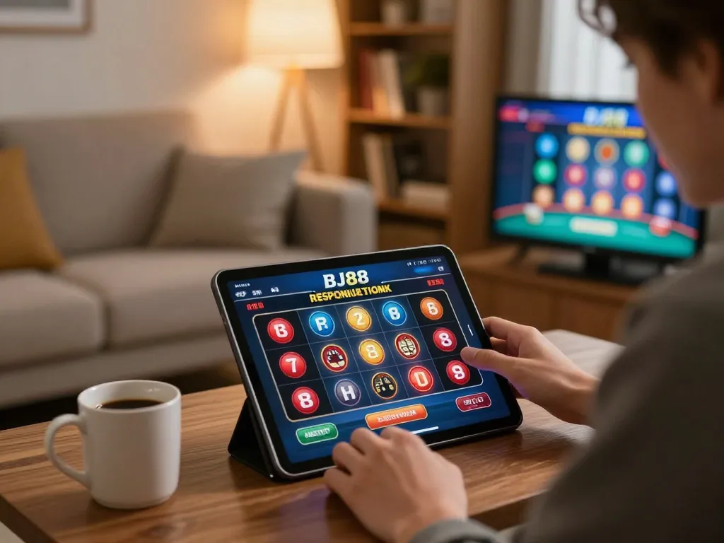 Engaging gameplay on BJ88 app with a person tablet gaming in a cozy environment