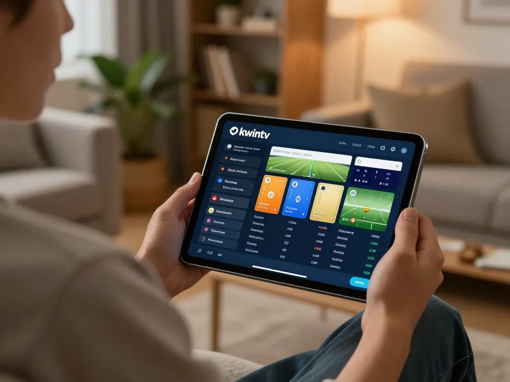 Person engaging with Okwintv's sports betting app on tablet in a cozy living room atmosphere