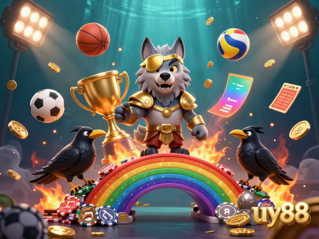 Experience the excitement of uy88 with a dynamic 3D casino scene featuring Odin and ravens amidst sports elements and glowing treasures.