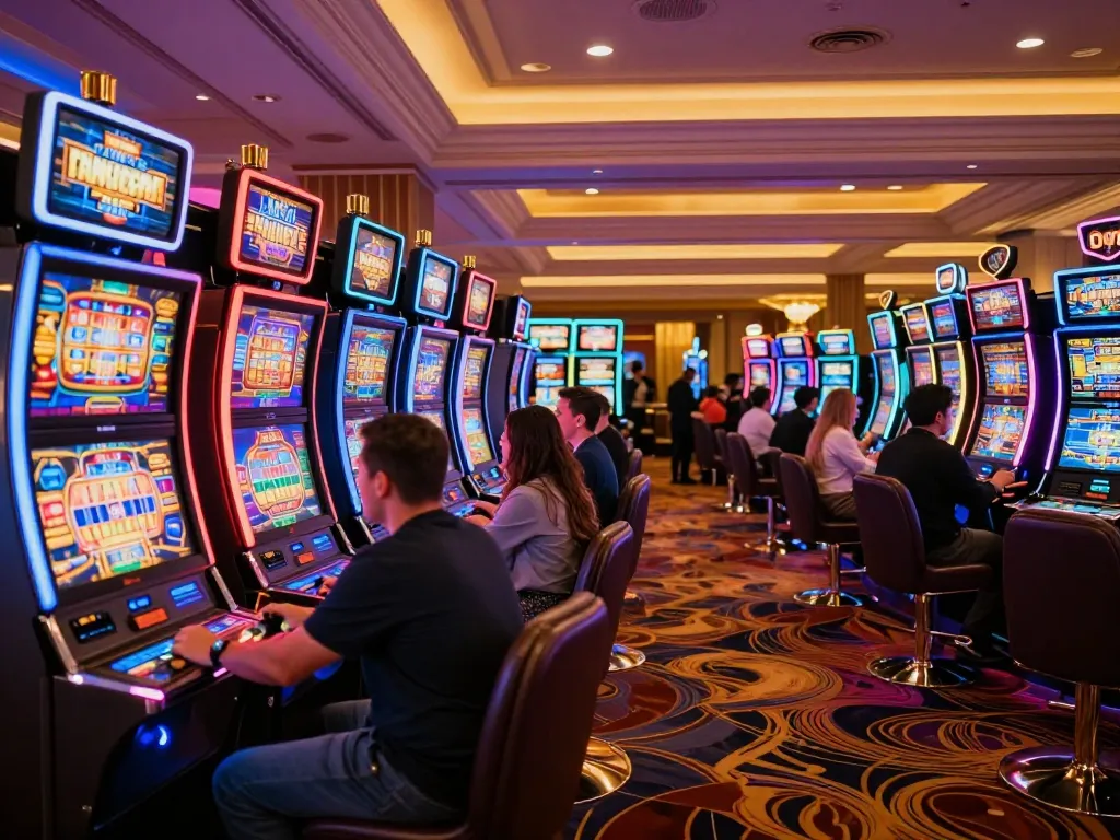 Players spinning the reels on sunwin slots amidst vibrant casino ambience.