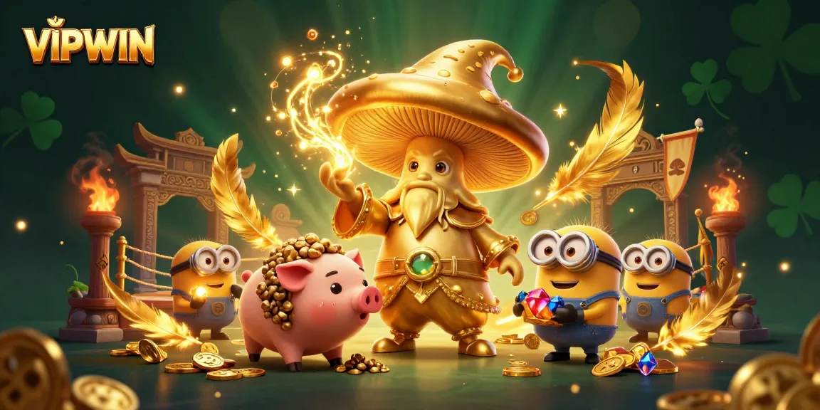 Experience the magic of VIPWIN as a golden mushroom wizard conjures treasure in this lively casino scene.