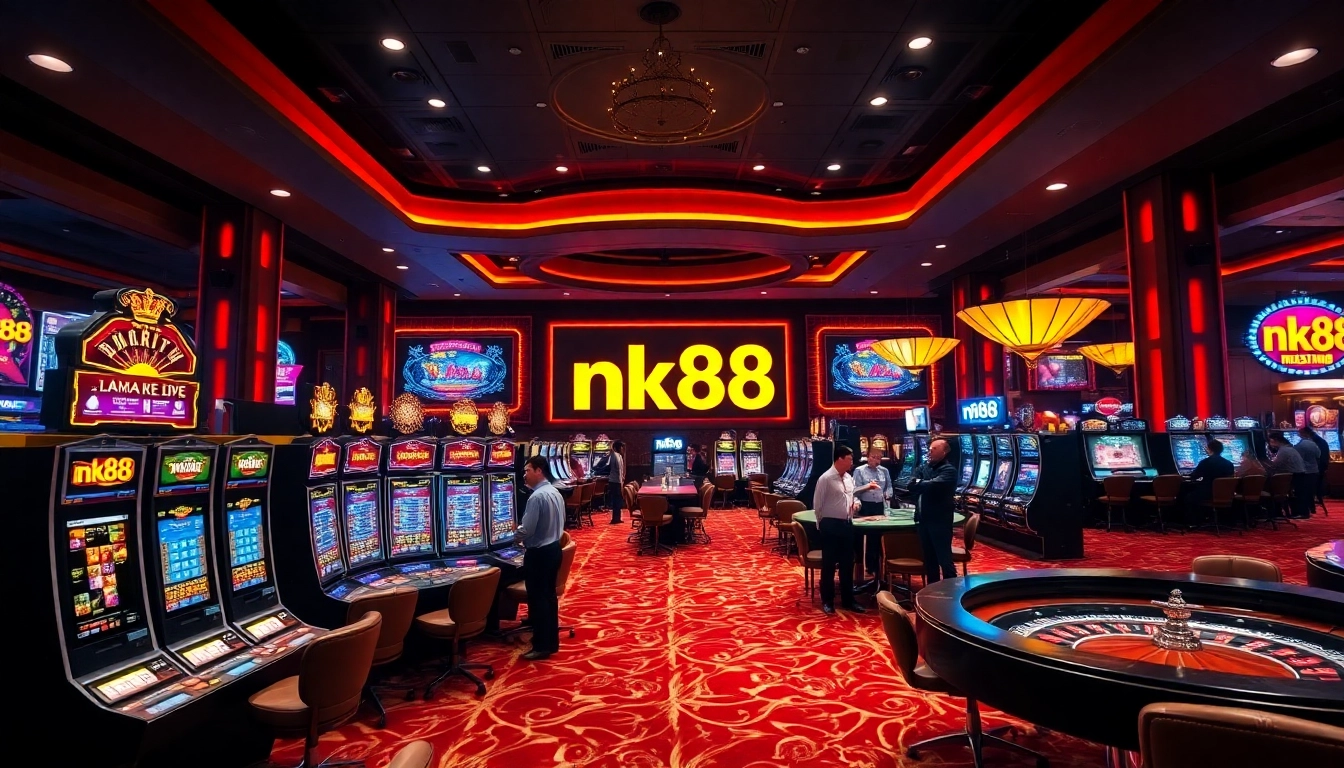 Players enjoying thrilling casino games at nk88, with vibrant slot machines and poker tables.