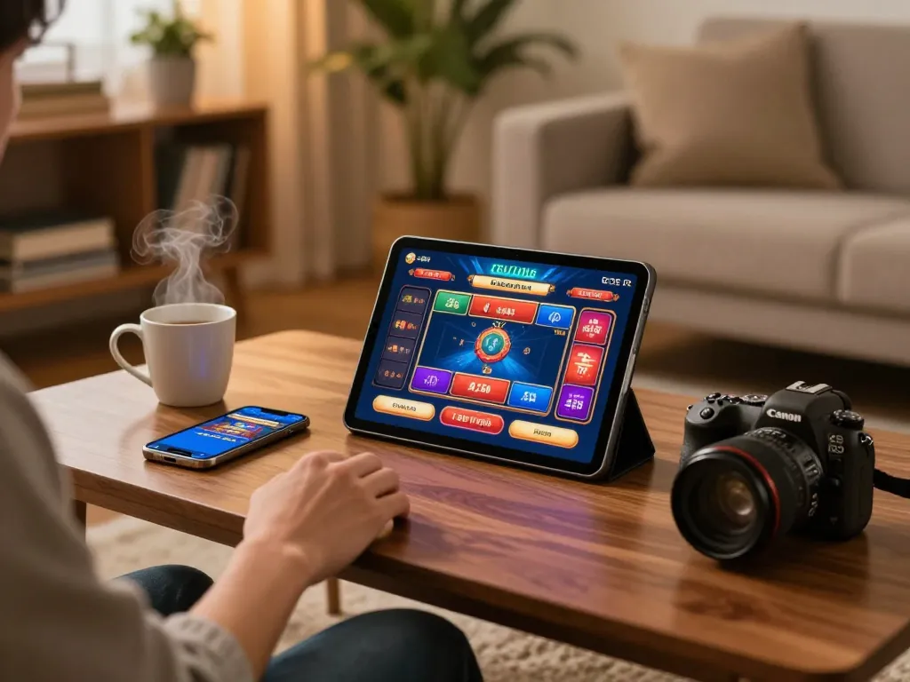 Player enjoying a strategic online gaming session at KKBD using a tablet in a cozy home setting.