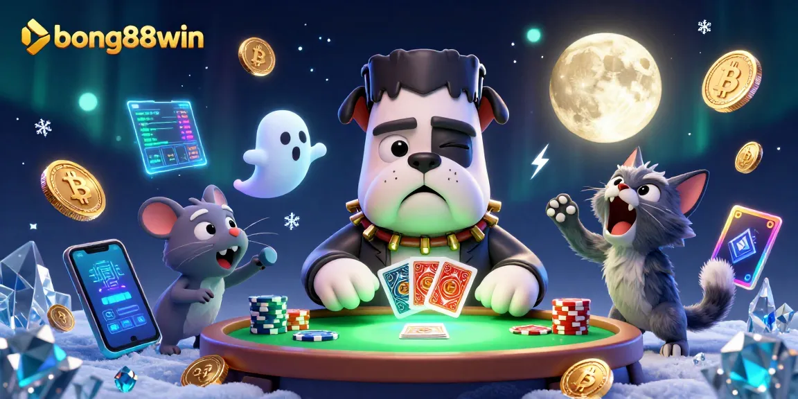 Bong88win engages players with thrilling card games hosted by a playful Frankenstein bulldog monster.