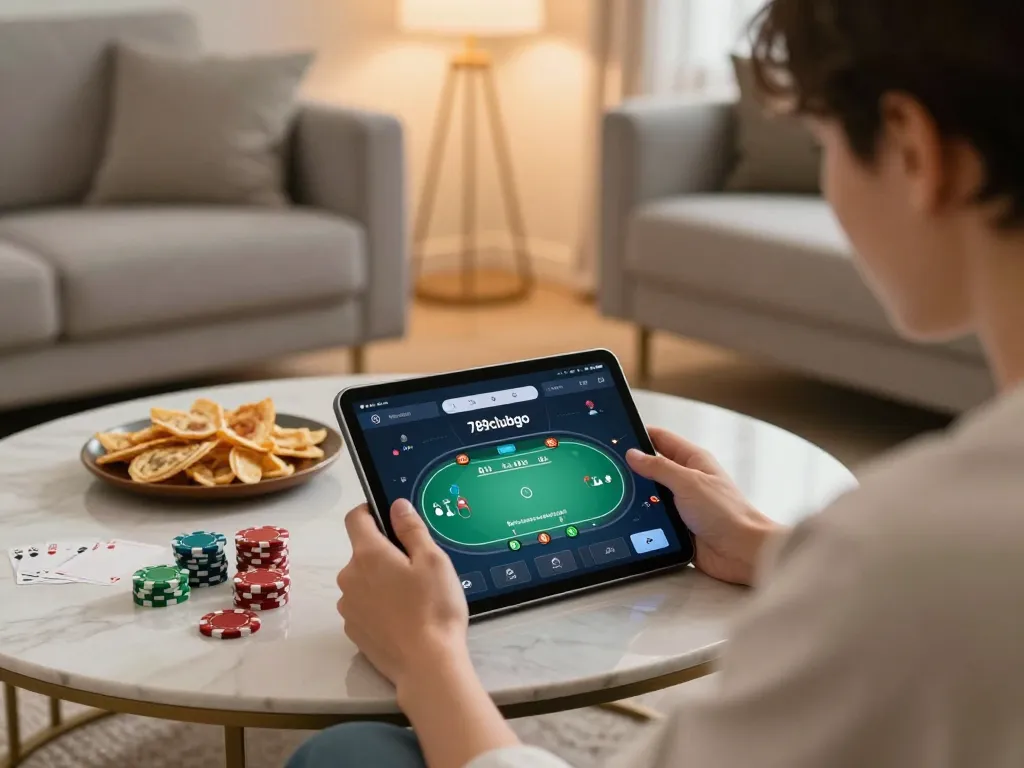 Engaged player using the 789clubgo app for a poker game in a cozy living room.