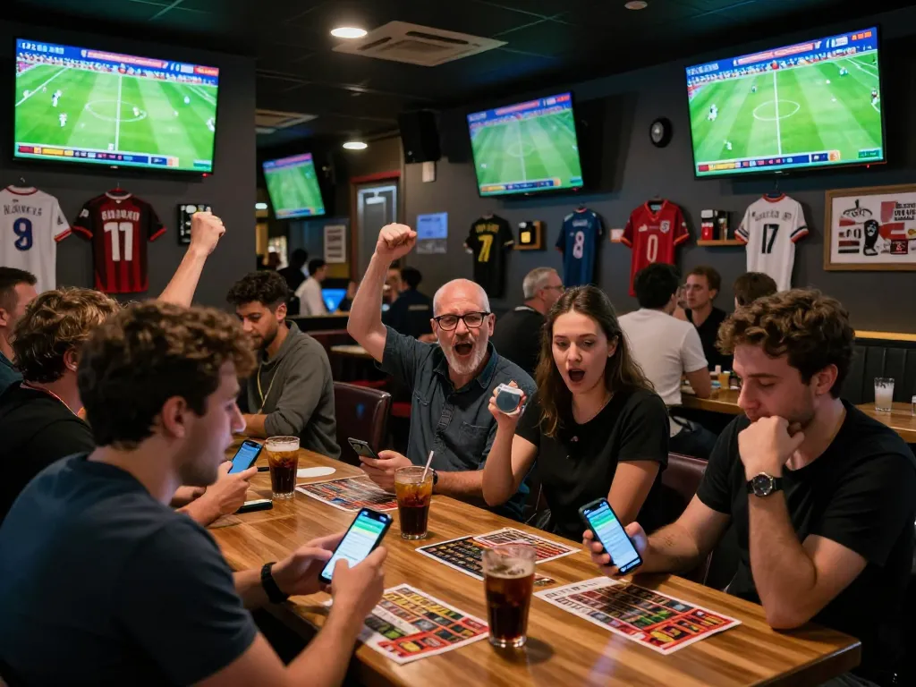 Excited patrons engaging in soccerbetting while watching live matches on screens in a sports bar.
