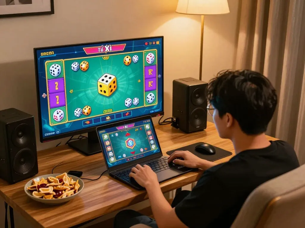 Tài xỉu online gameplay with a player engaging in live betting on a laptop in a cozy setting.