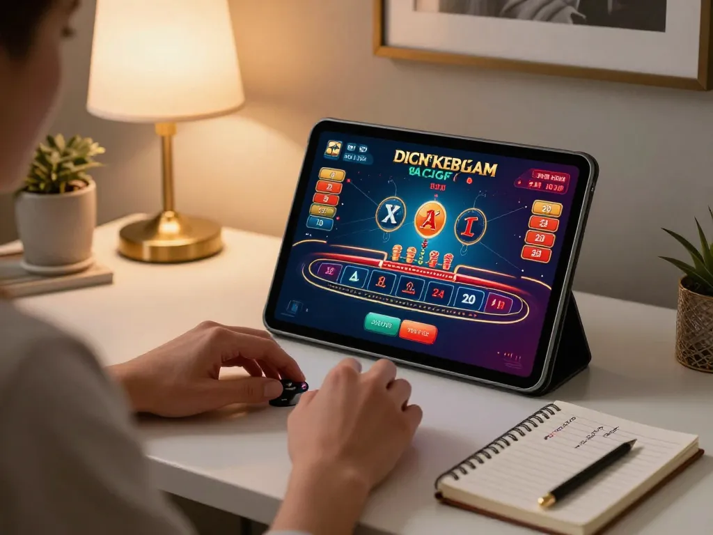 Go8 player engaged in live baccarat game on tablet, cozy home setup with strategy notes nearby.