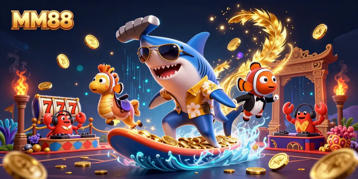 Experience the excitement of MM88 with a colorful 3D casino scene featuring characters and dynamic gambling elements.