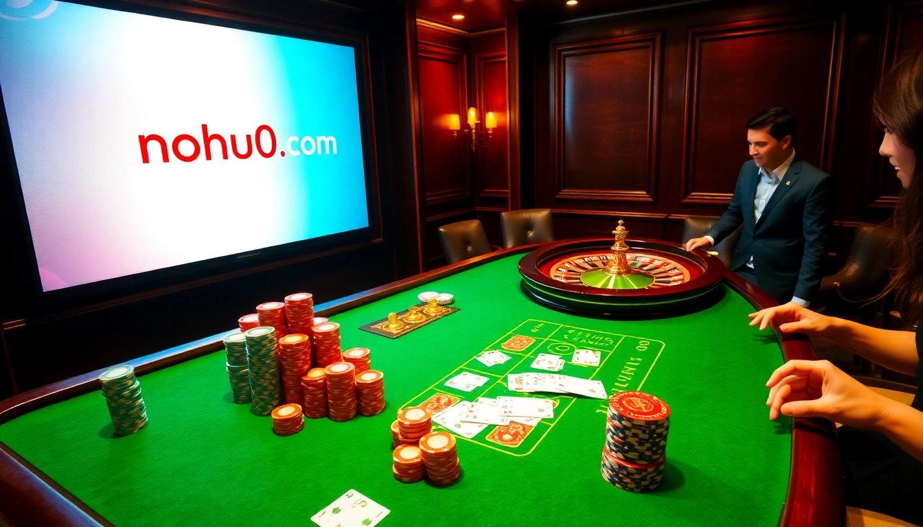 A dynamic casino scene showcasing gameplay from nohu90.com with poker chips, cards, and a roulette wheel, capturing excitement and luxury.