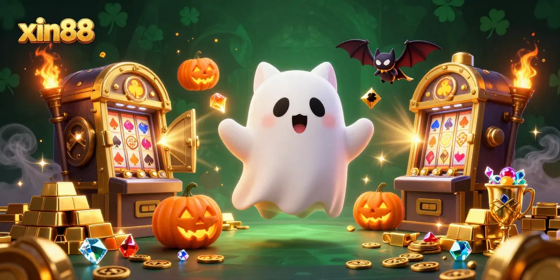 Engage with xin88 in a vibrant haunted casino escapade featuring a ghost cat and treasures.