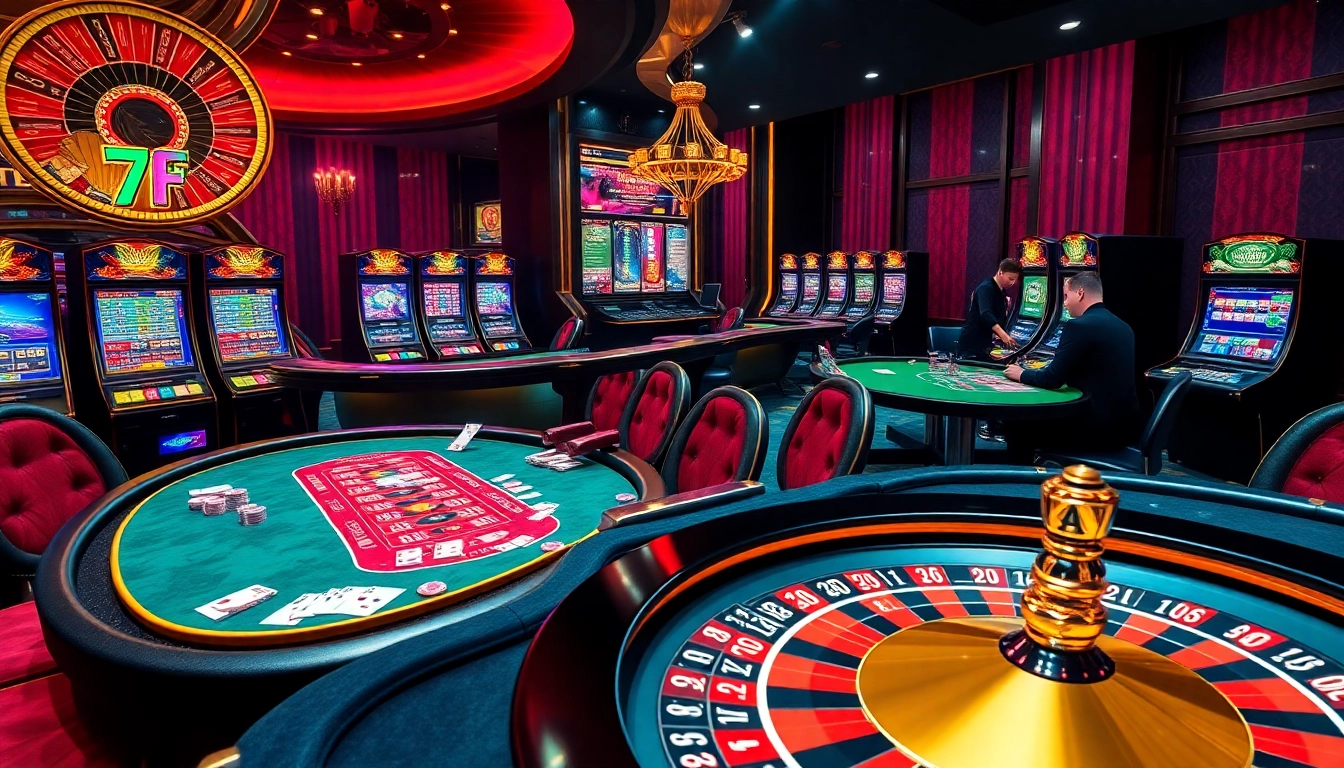 Experience the thrill of 789F with an engaging online casino scene featuring luxurious tables and dynamic slot machines.