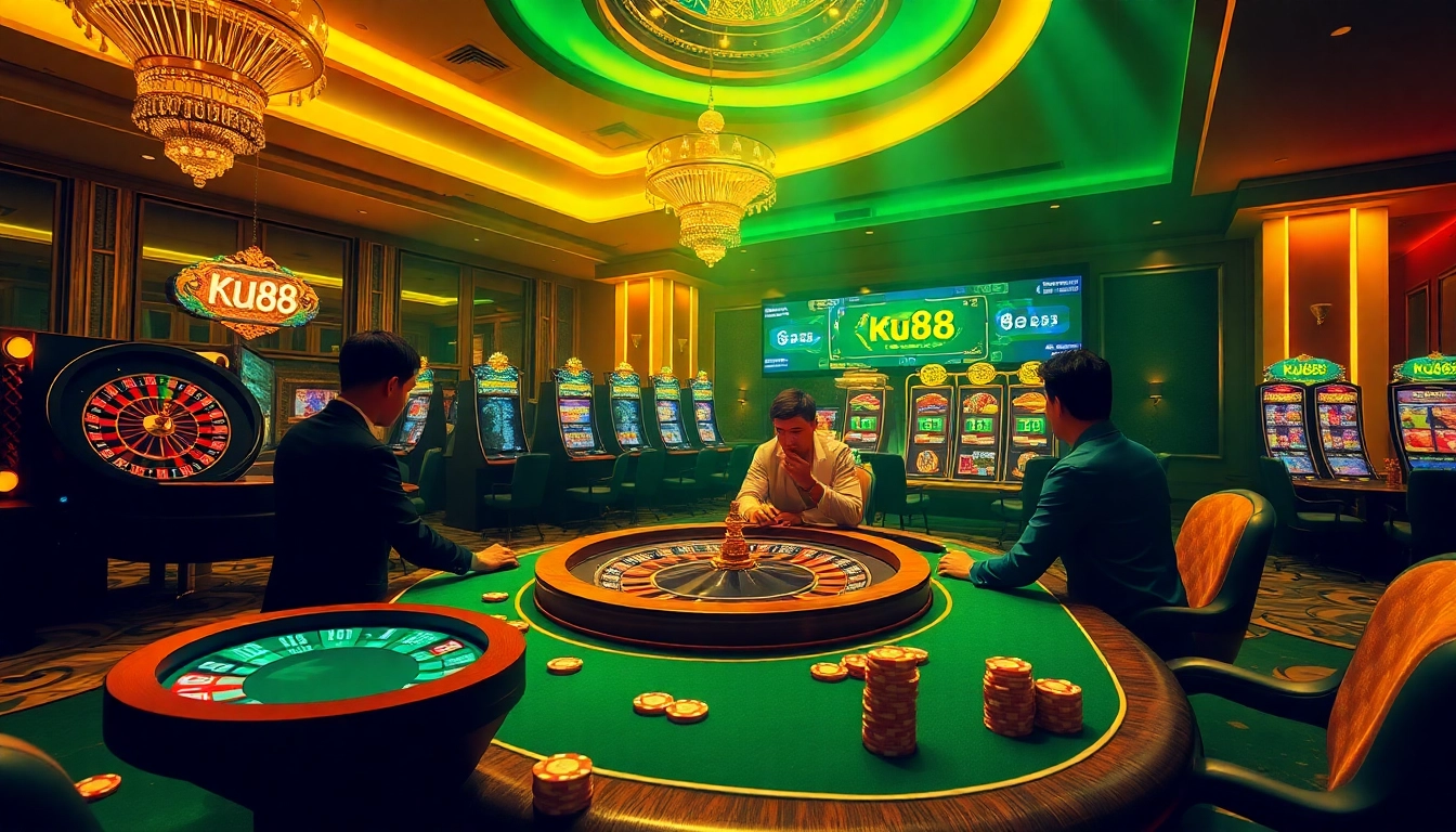 Experience thrilling gameplay at Ku88 with vibrant casino visuals showcasing roulette, poker chips, and digital slot machines.