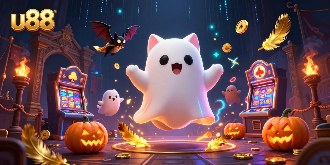 In u88's haunted casino, a ghost cat and bat navigate glowing jack-o-lanterns while surrounded by gaming elements.